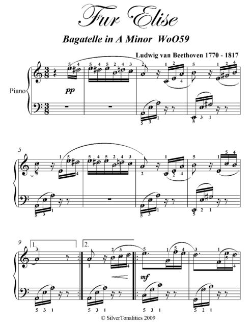 Fur Elise Elementary Piano Sheet Music, Ludwig van Beethoven