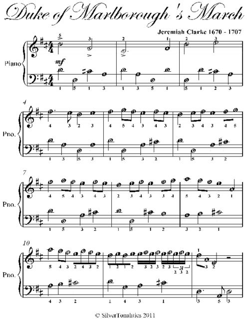 Duke of Marlborough's March Easy Piano Sheet Music, Jeremiah Clarke