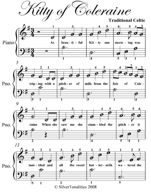 Kitty of Coleraine Easy Piano Sheet Music, Traditional Celtic