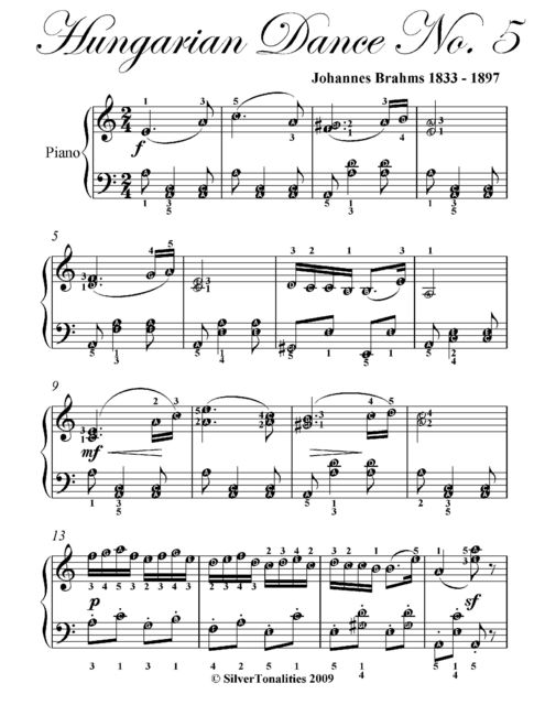 Hungarian Dance No. 5 Elementary Piano Sheet Music, Johannes Brahms