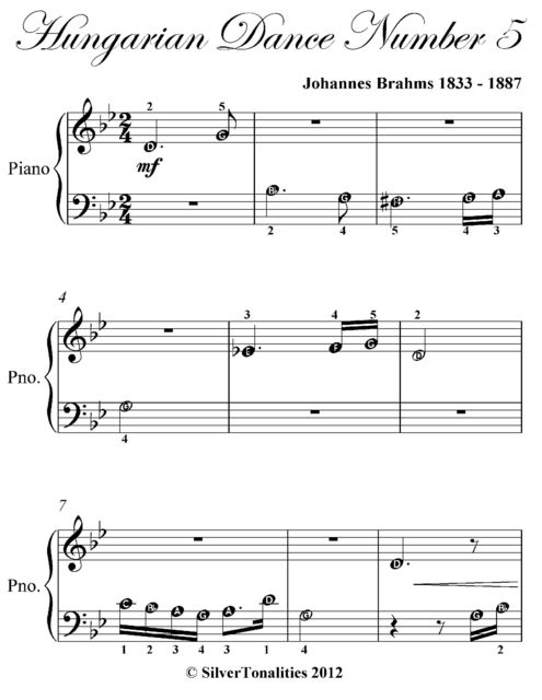 Hungarian Dance Number 5 Beginner Piano Sheet Music, Johannes Brahms