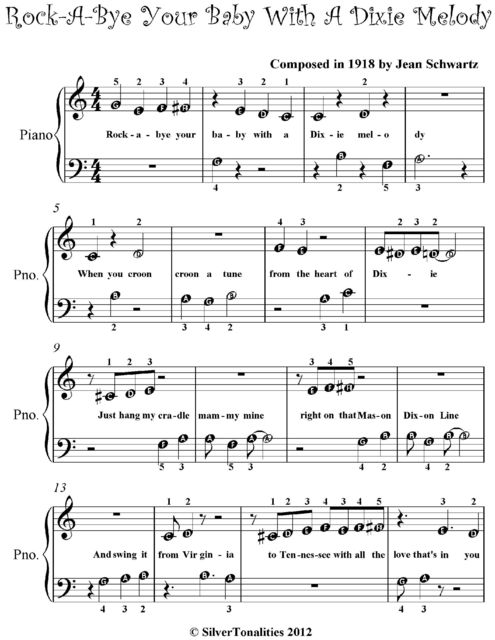 Rock a Bye Your Baby With a Dixie Melody Beginner Piano Sheet Music, Jean Schwartz