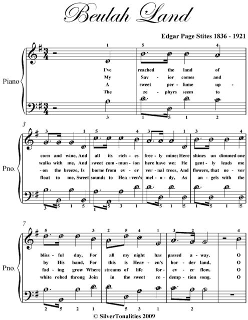 Beulah Land Easy Piano Sheet Music, Edgar Page Stites