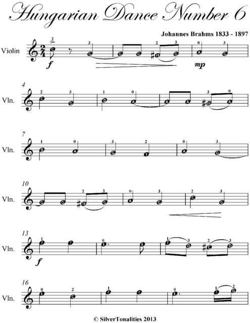 Hungarian Dance Number 6 Easy Violin Sheet Music, Johannes Brahms