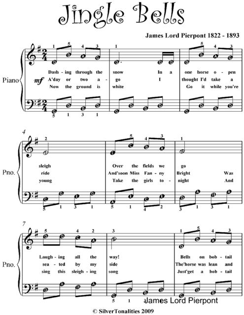 Jingle Bells Easy Piano Sheet Music, James Lord Pierpont