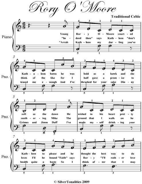 Rory O’ Moore Easy Piano Sheet Music, Traditional Celtic
