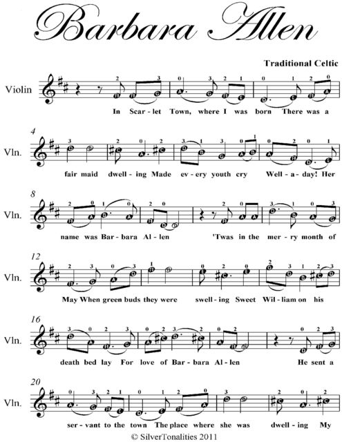 Barbara Allen Elementary Violin Sheet Music, Traditional Celtic