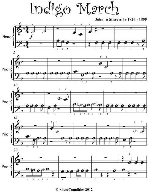 Indigo March Beginner Piano Sheet Music, Johann Strauss Jr
