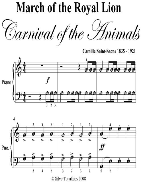 March of the Royal Lion Carnival of the Animals Easy Piano Sheet Music, Camille Saint Saens
