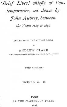 Brief Lives, Vol. 1, John Aubrey