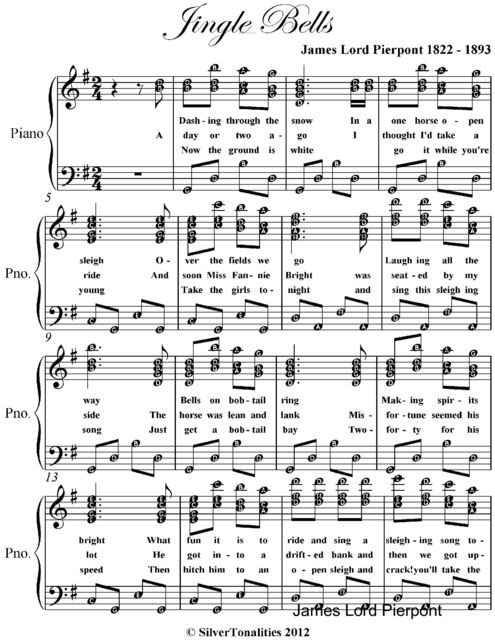 Jingle Bells Easy Intermediate Piano Sheet Music, James Lord Pierpont