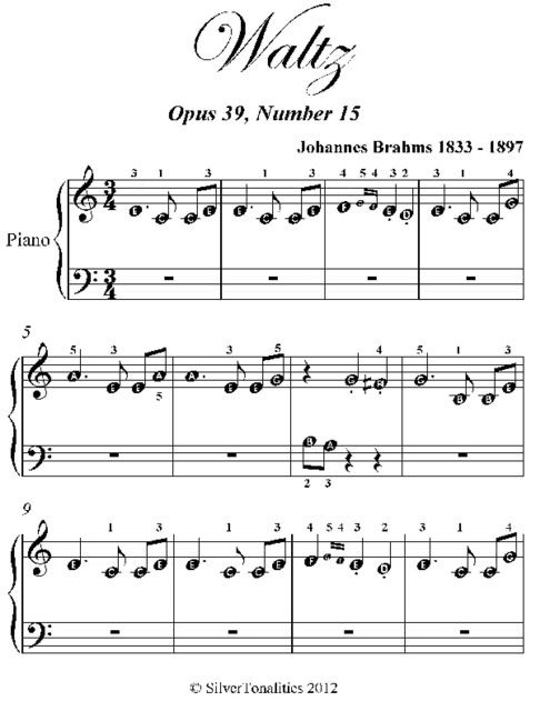 Waltz Opus 39 Number 15 Beginner Piano Sheet Music, Johannes Brahms
