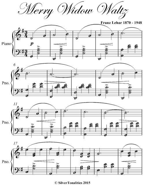 Merry Widow Waltz Easy Intermediate Piano Sheet Music, Franz Lehar