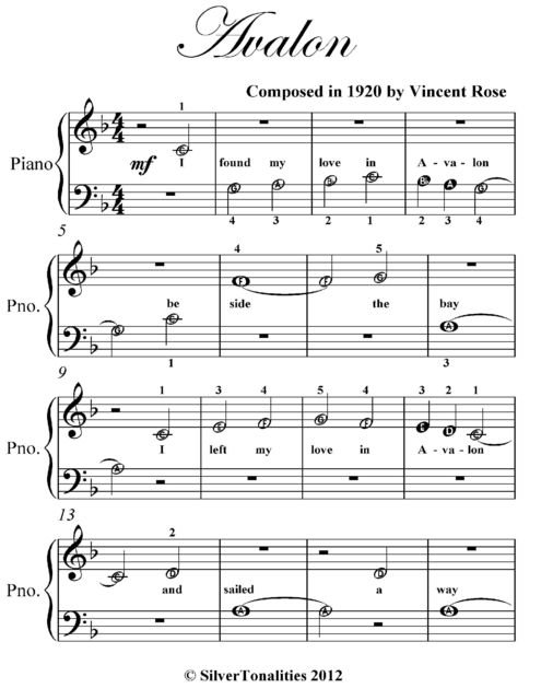 Avalon Beginner Piano Sheet Music, Vincent Rose