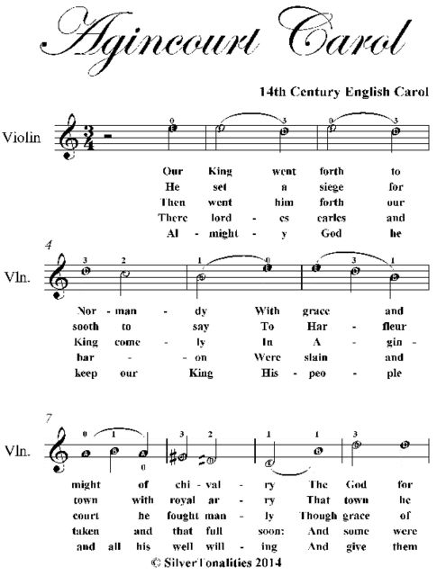 Agincourt Carol Easy Violin Sheet Music, 14th Century English Carol