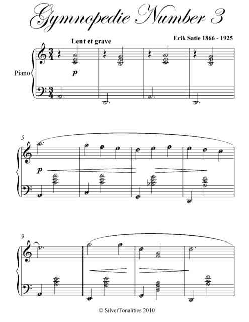 Gymnopedie Number 3 Easy Intermediate Piano Sheet Music, Erik Satie