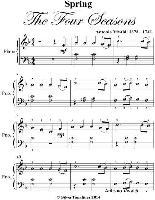 Spring Four Seasons Easy Elementary Piano Sheet Music, Antonio Vivaldi