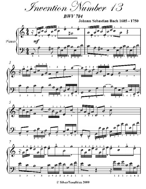 Invention Number 13 Easy Note Piano Sheet Music, Johann Sebastian Bach