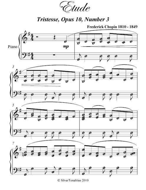 Etude Tristesse Opus 10 Number 3 Elementary Piano Sheet Music, Frederick Chopin