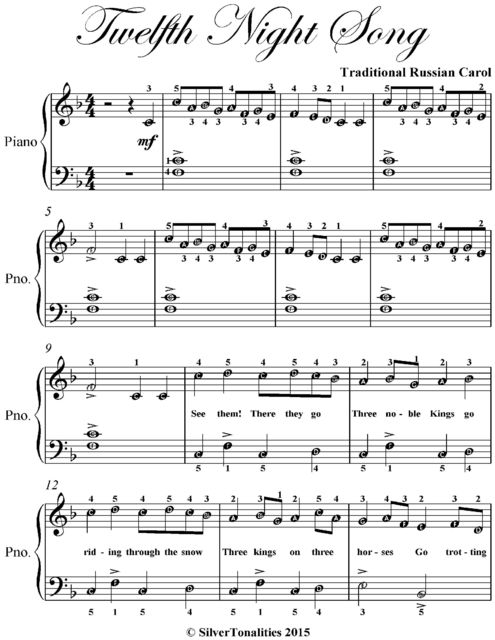 Twelfth Night Song Easy Piano Sheet Music, Traditional Carol