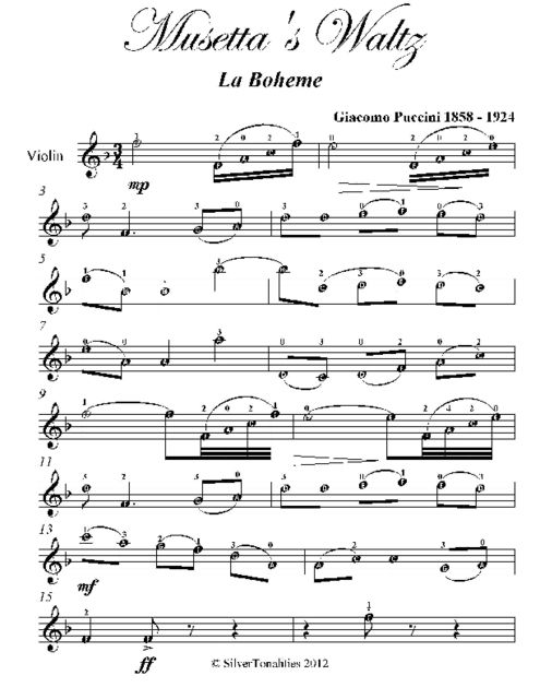 Musetta’s Waltz La Boheme Easy Violin Sheet Music, Giacomo Puccini
