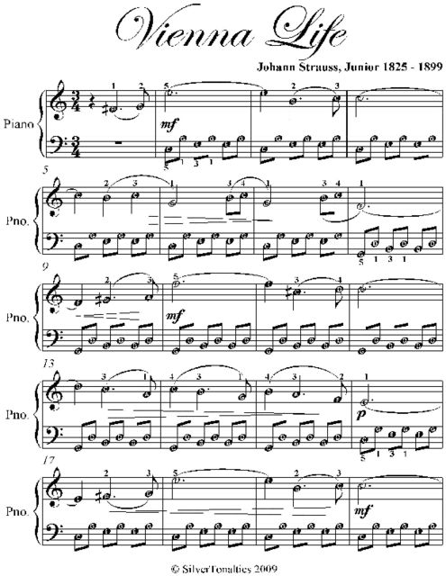 Vienna Life Waltz Easy Piano Sheet Music, Johann Strass Junior