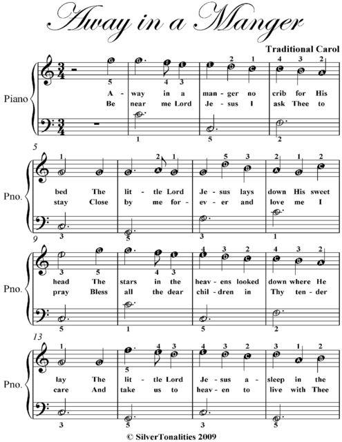 Away In a Manger Easiest Piano Sheet Music, Traditional Carol
