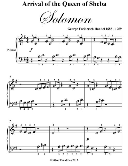Arrival of the Queen of Sheba Solomon Easiest Beginner Piano Sheet Music, George Friedrich Handel