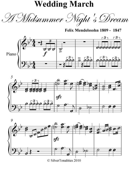 Wedding March Midsummer Night's Dream Elementary Piano Sheet Music, Felix Mendelssohn