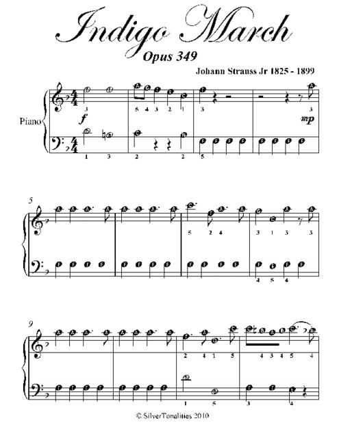 Indigo March Easy Piano Sheet Music, Johann Strauss Jr