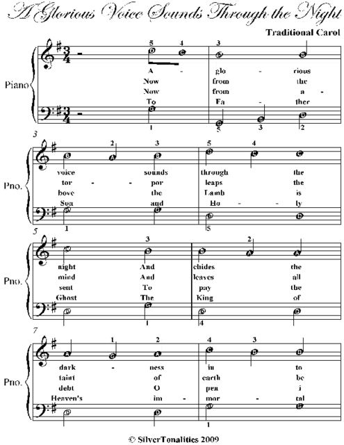 A Glorious Voice Sounds Through the Night Easy Piano Sheet Music, Traditional Carol