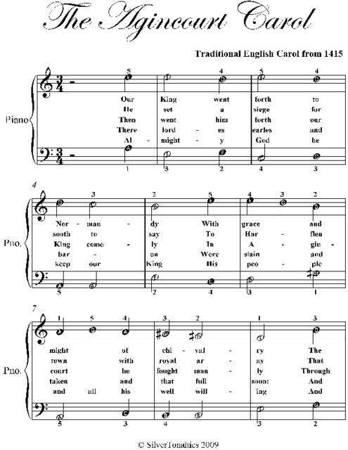 Agincourt Carol Easy Piano Sheet Music, Traditional English Carol from 1415