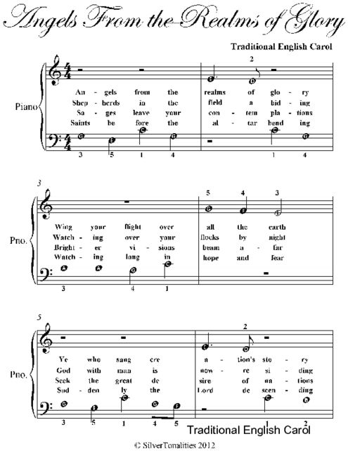 Angels from the Realms of Glory Easiest Beginner Piano Sheet Music, Traditional English Carol