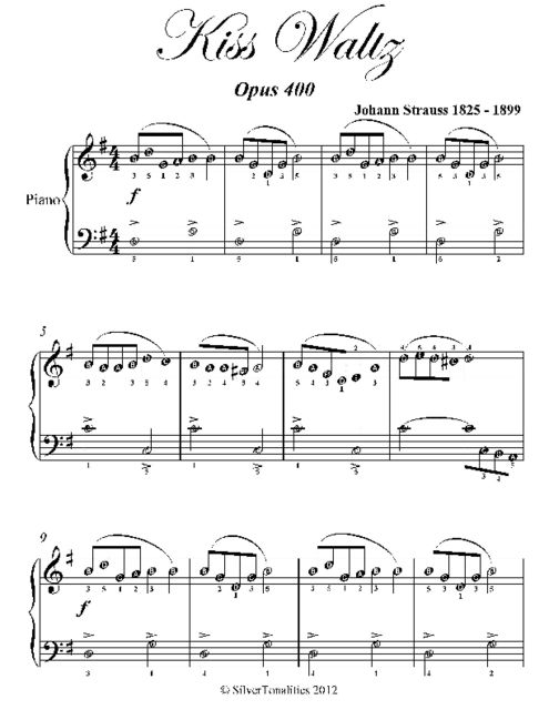 Kiss Waltz Easy Piano Sheet Music, Johann Strauss