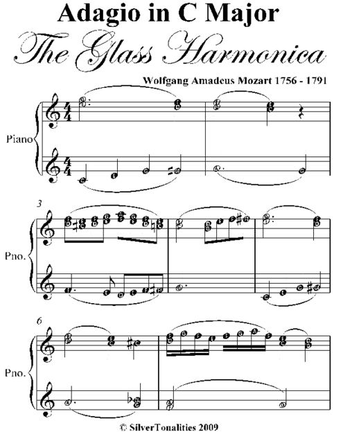 Adagio in C Major the Glass Harmonic Elementary Piano Sheet Music, Wolfgang Amadeus Mozart