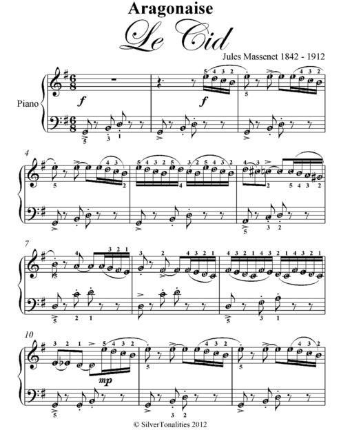 Aragonaise Le Cid Easy Piano Sheet Music, Jules Massenet
