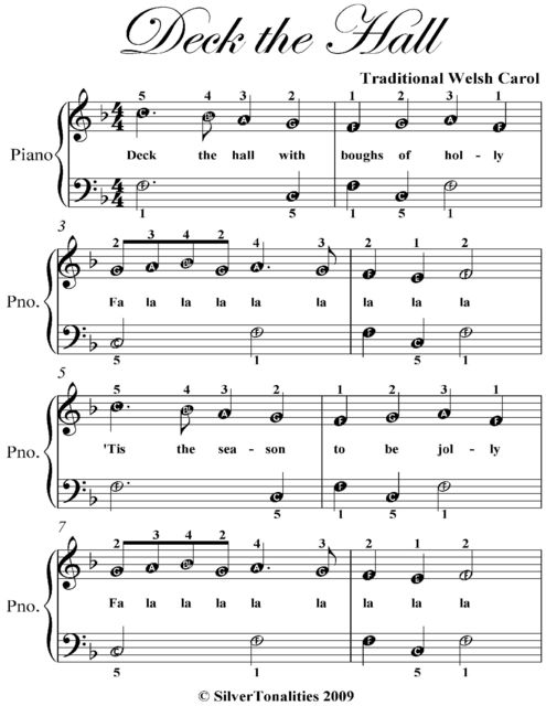 Deck the Hall Easiest Piano Sheet Music, Traditional Carol