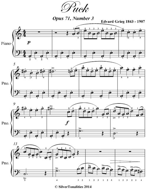 Puck Easy Piano Sheet Music, Edvard Grieg