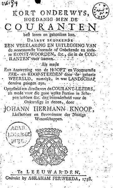 Kort onderwys, hoedanig men de couranten best lezen en gebruiken kan, Johann Hermann Knoop