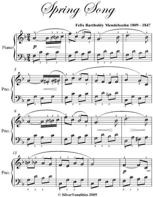 Spring Song Easy Piano Sheet Music, Felix Mendelssohn
