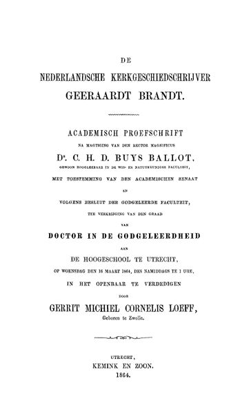De Nederlandsche kerkgeschiedschrijver Geeraardt Brandt, Gerrit Michiel Cornelis Loeff