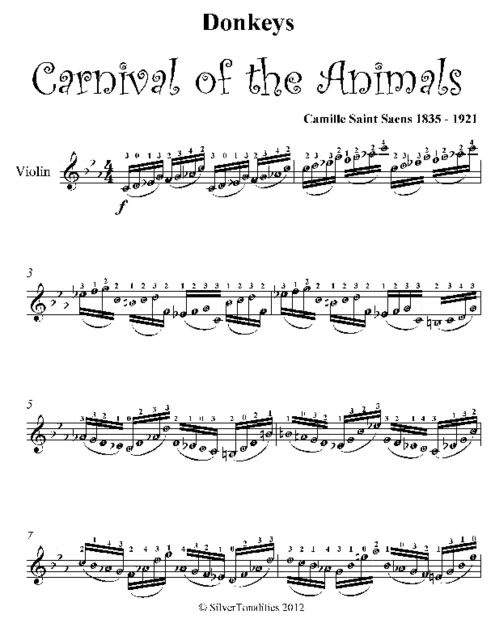 Donkeys Carnival of the Animals Easy Violin Sheet Music, Camille Saint Saens