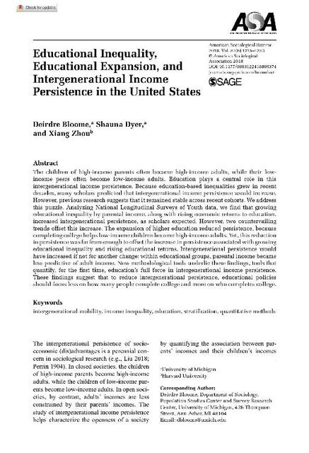 Educational Inequality, Educational Expansion, and Intergenerational Income Persistence in the United States, Deirdre Bloome, Shauna Dyer, Xiang Zhou