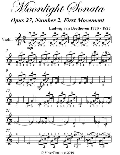 Moonlight Sonata Easy Violin Sheet Music, Ludwig van Beethoven