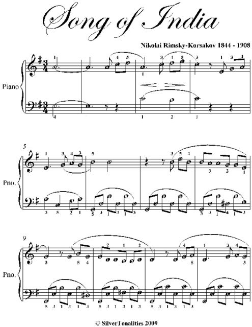 Song of India Easy Piano Sheet Music, Nikolai Rimsky-Korsakov