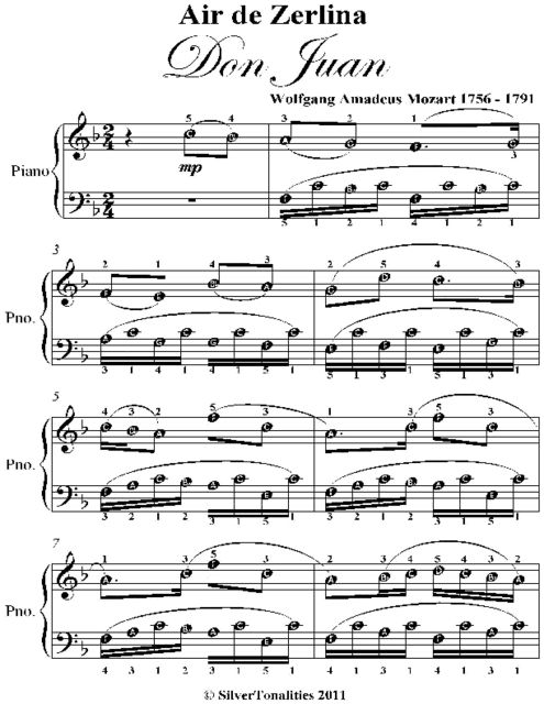 Air De Zerlina Don Juan Easy Piano Sheet Music, Wolfgang Amadeus Mozart