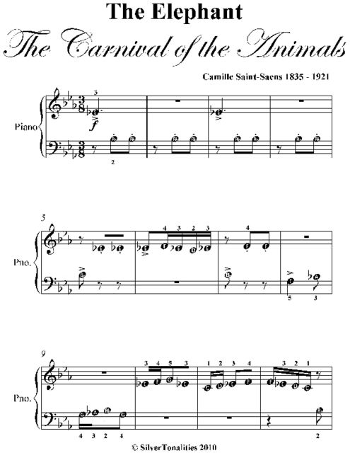 The Elephant the Carnival of the Animals Beginner Piano Sheet Music, Camille Saint Saens