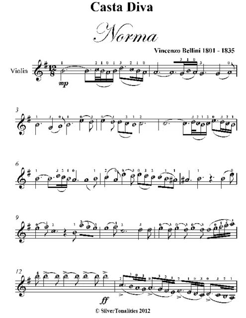 Casta Diva Norma Easy Violin Sheet Music, Vincenzo Bellini