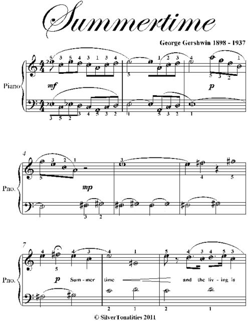 Summertime Easy Piano Sheet Music, George Gershwin
