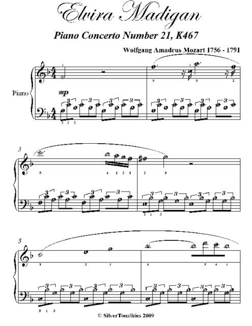 Elvira Madigan Piano Concerto Number 21 K467 Easiest Piano Sheet Music, Wolfgang Amadeus Mozart